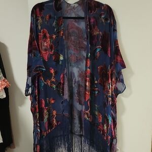 Navy Sheer Floral Kimono with Fringe